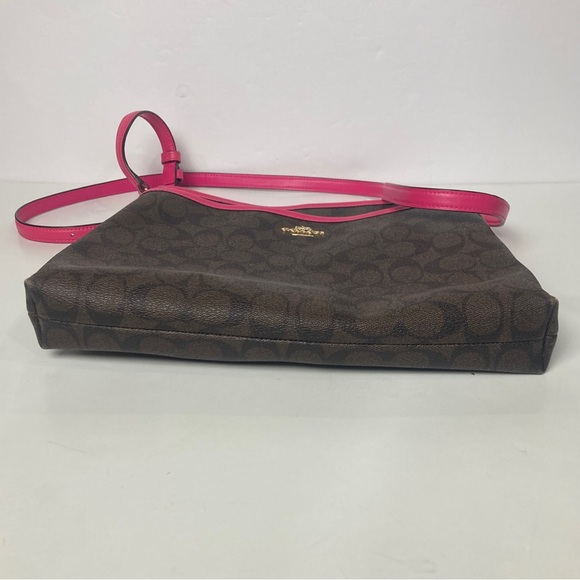 Coach Signature Print File Bag - Crossbody Dark Brown w/ Fuchsia Leather Piping - Picture 6 of 15